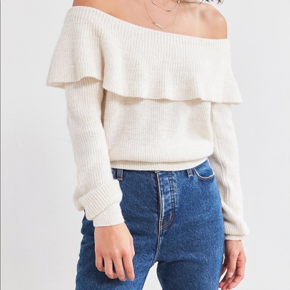 Kimchi Blue Sweaters - Off the Shoulder Ruffled Ivory Sweater